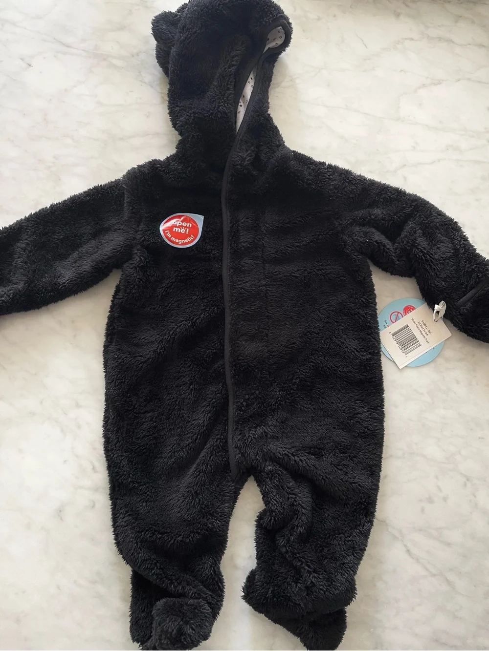 Magnetic Me Plush Black Fleece Baby One-Piece Hooded Jumpsuit 0-3 months